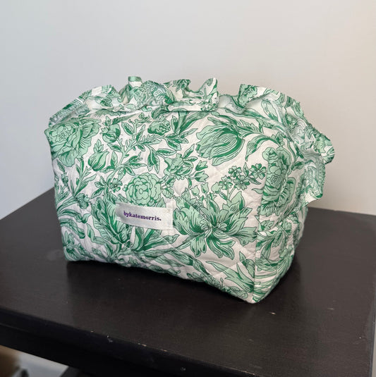 GREEN FRILL FLORAL QUILTED MAKEUP BAG