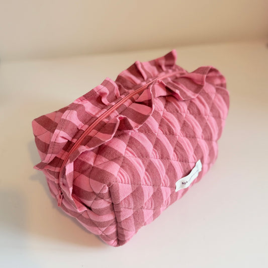 PINK & BROWN STRIPE FRILL QUILTED MAKEUP BAG