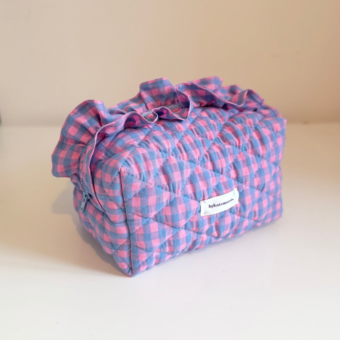 BLUE & PINK FRILL GINGHAM QUILTED MAKEUP BAG