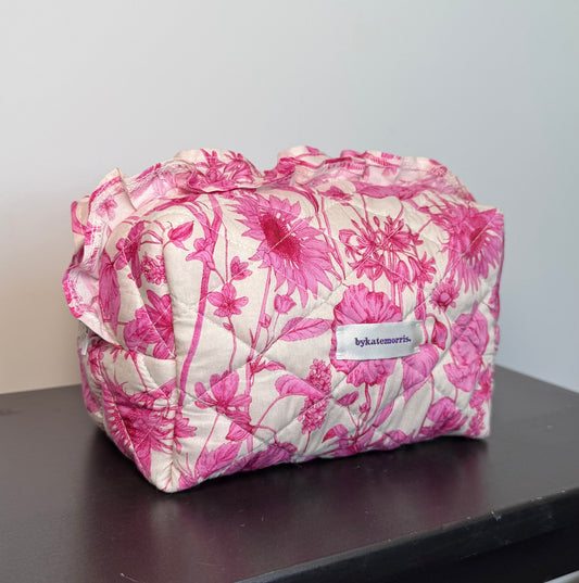 PINK FRILL FLORAL QUILTED MAKEUP BAG