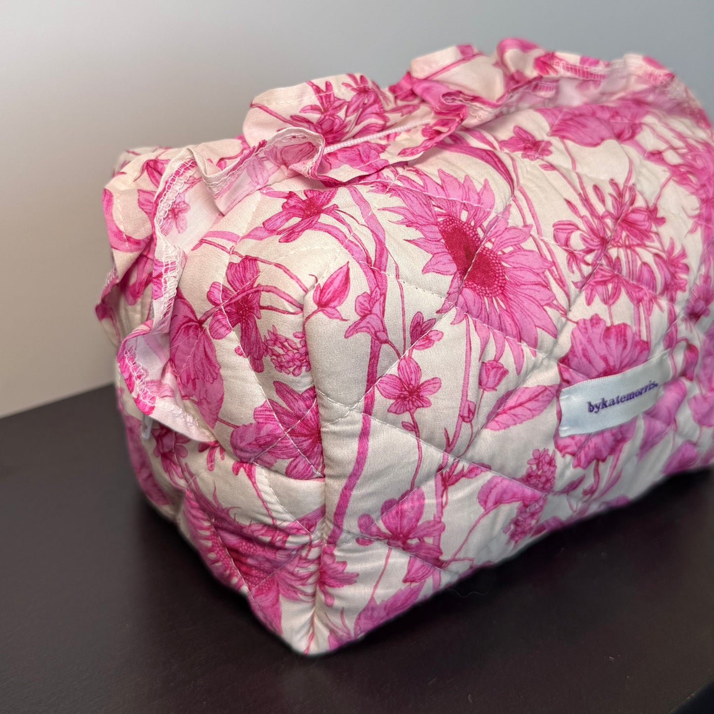 PINK FRILL FLORAL QUILTED MAKEUP BAG