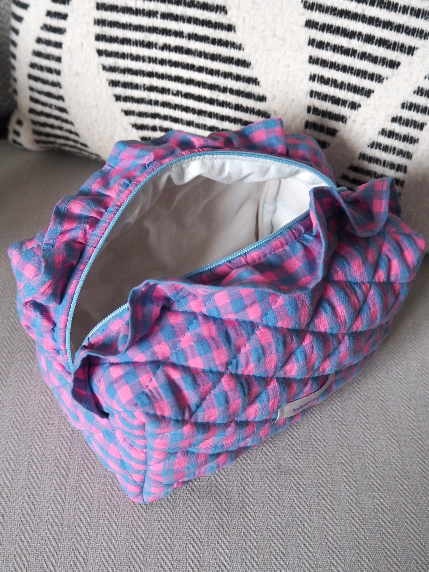 BLUE & PINK FRILL GINGHAM QUILTED MAKEUP BAG