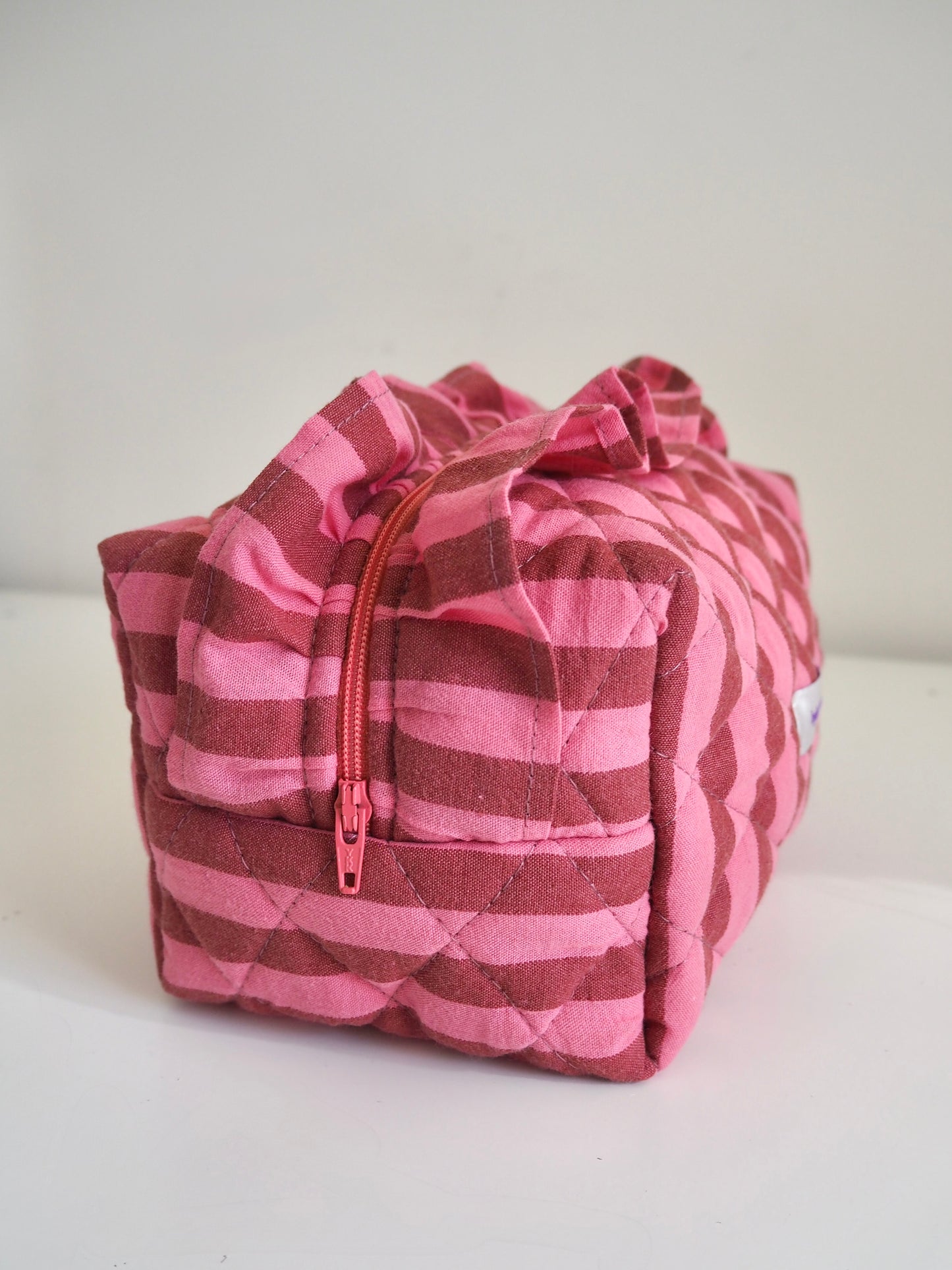 PINK & BROWN STRIPE FRILL QUILTED MAKEUP BAG