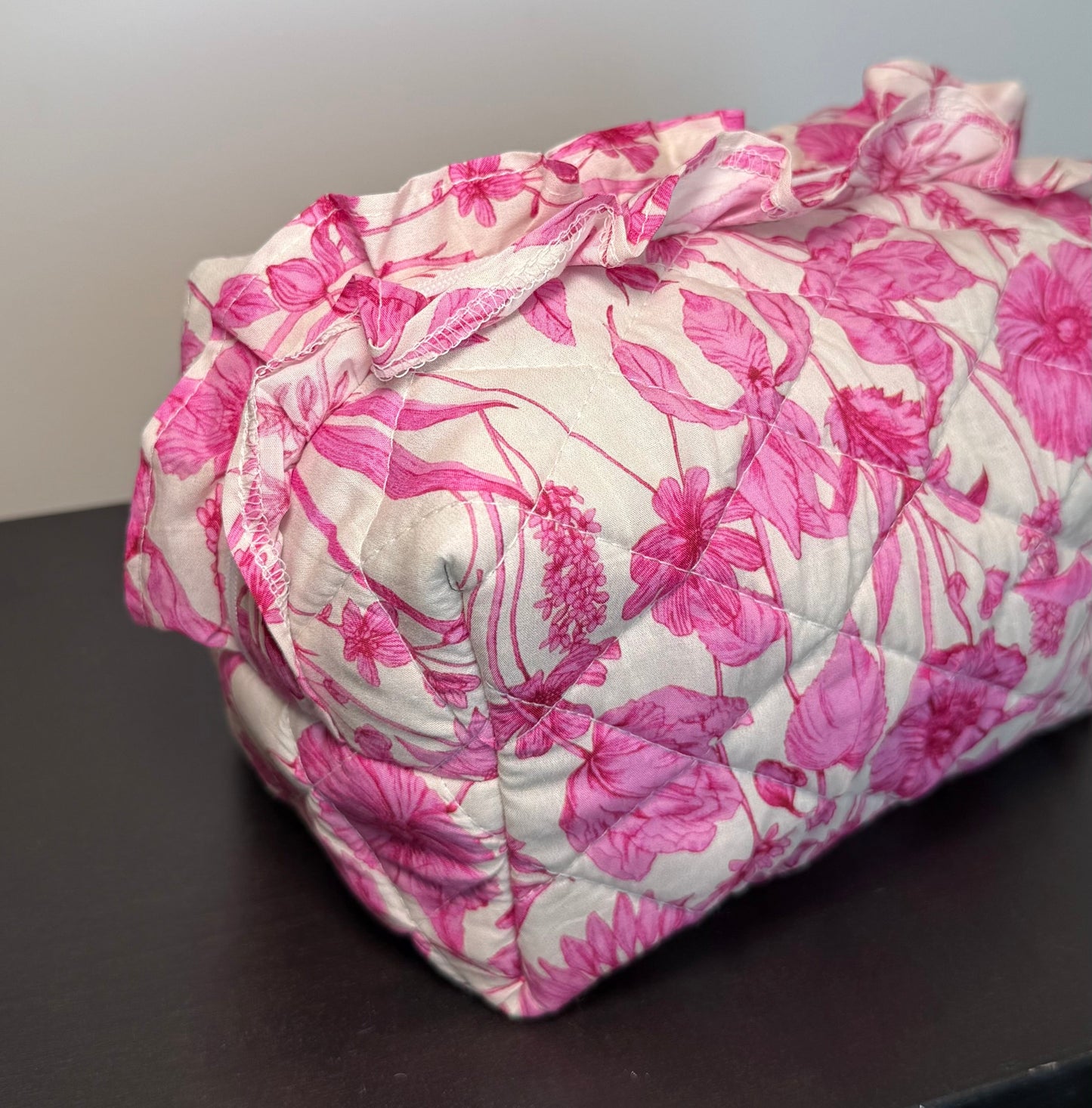 PINK FRILL FLORAL QUILTED MAKEUP BAG