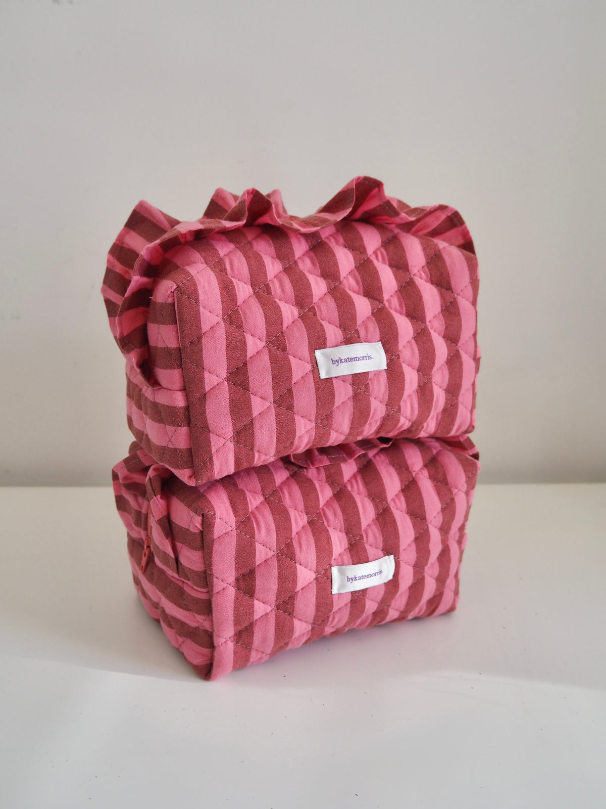 PINK & BROWN STRIPE FRILL QUILTED MAKEUP BAG