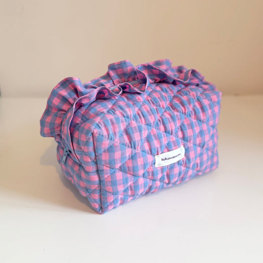 BLUE & PINK FRILL GINGHAM QUILTED MAKEUP BAG