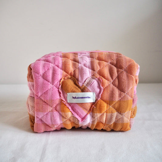 UP-CYCLED PINK AND ORANGE SEERSUCKER QUILTED MAKEUP BAG