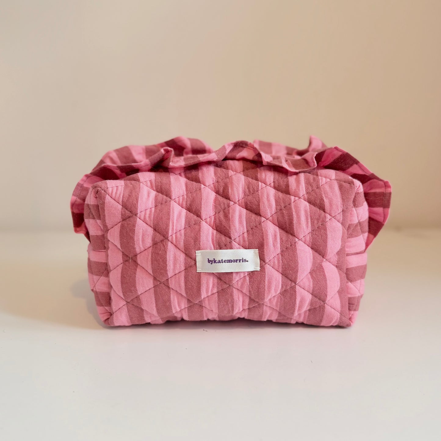 PINK & BROWN STRIPE FRILL QUILTED MAKEUP BAG