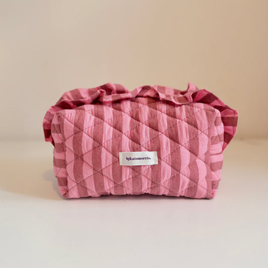 PINK & BROWN STRIPE FRILL QUILTED MAKEUP BAG