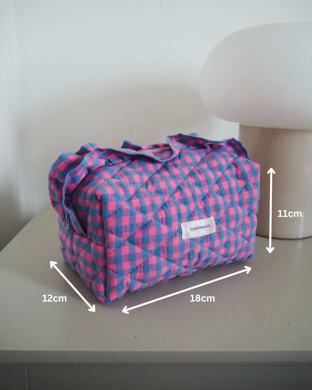 BLUE & PINK FRILL GINGHAM QUILTED MAKEUP BAG