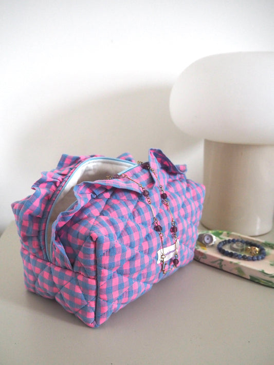 BLUE & PINK FRILL GINGHAM QUILTED MAKEUP BAG