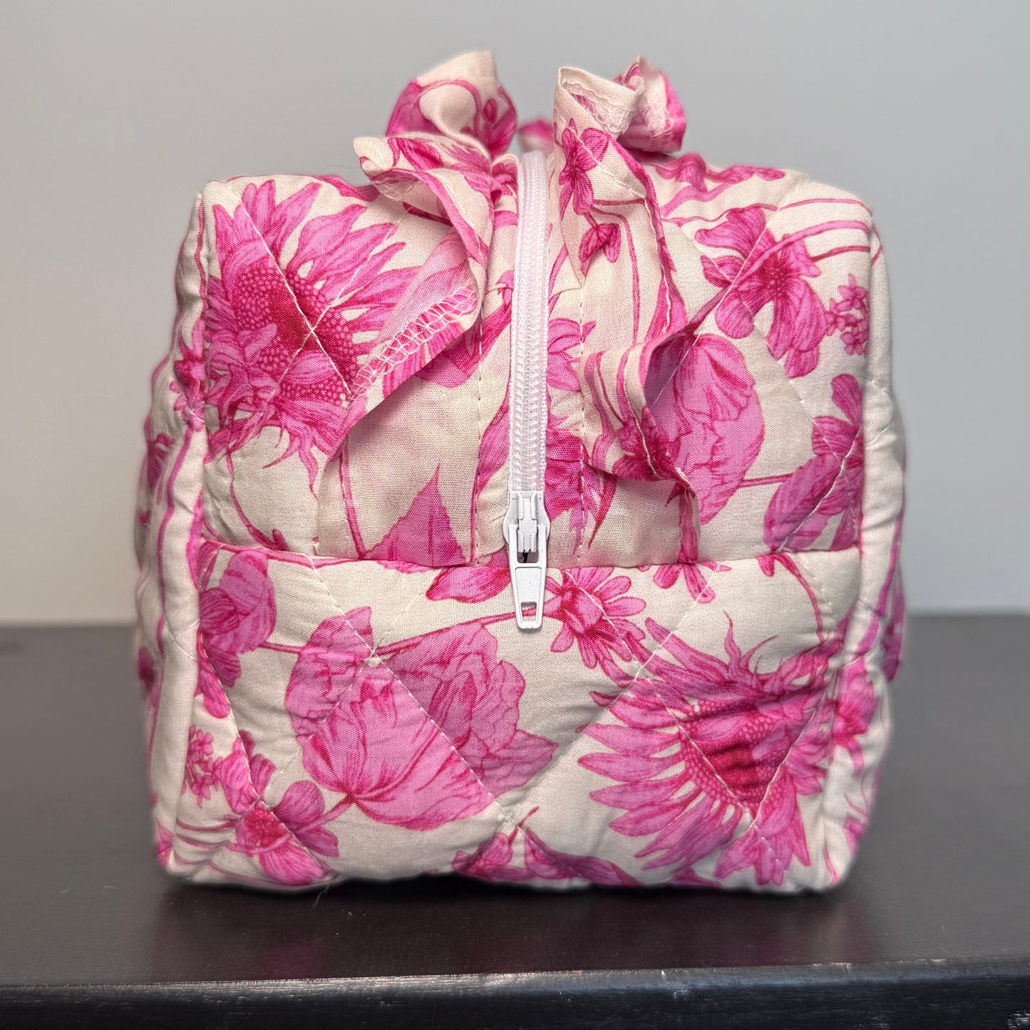 PINK FRILL FLORAL QUILTED MAKEUP BAG