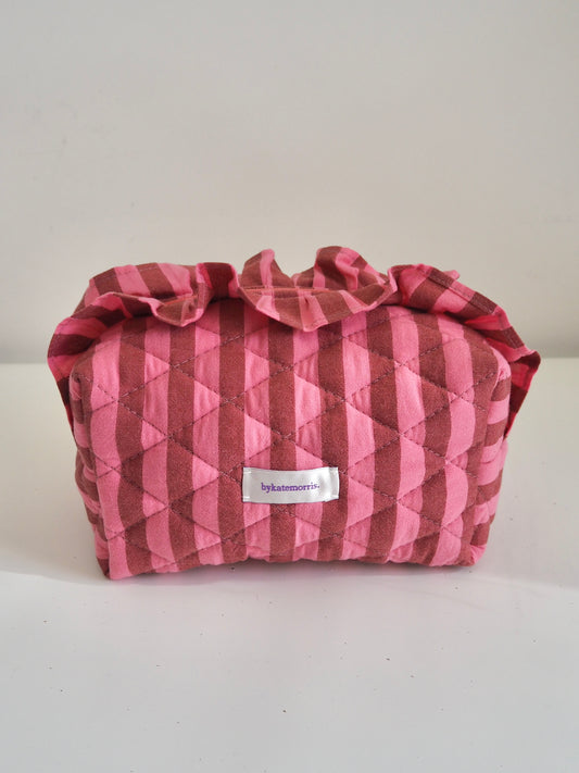 PINK & BROWN STRIPE FRILL QUILTED MAKEUP BAG