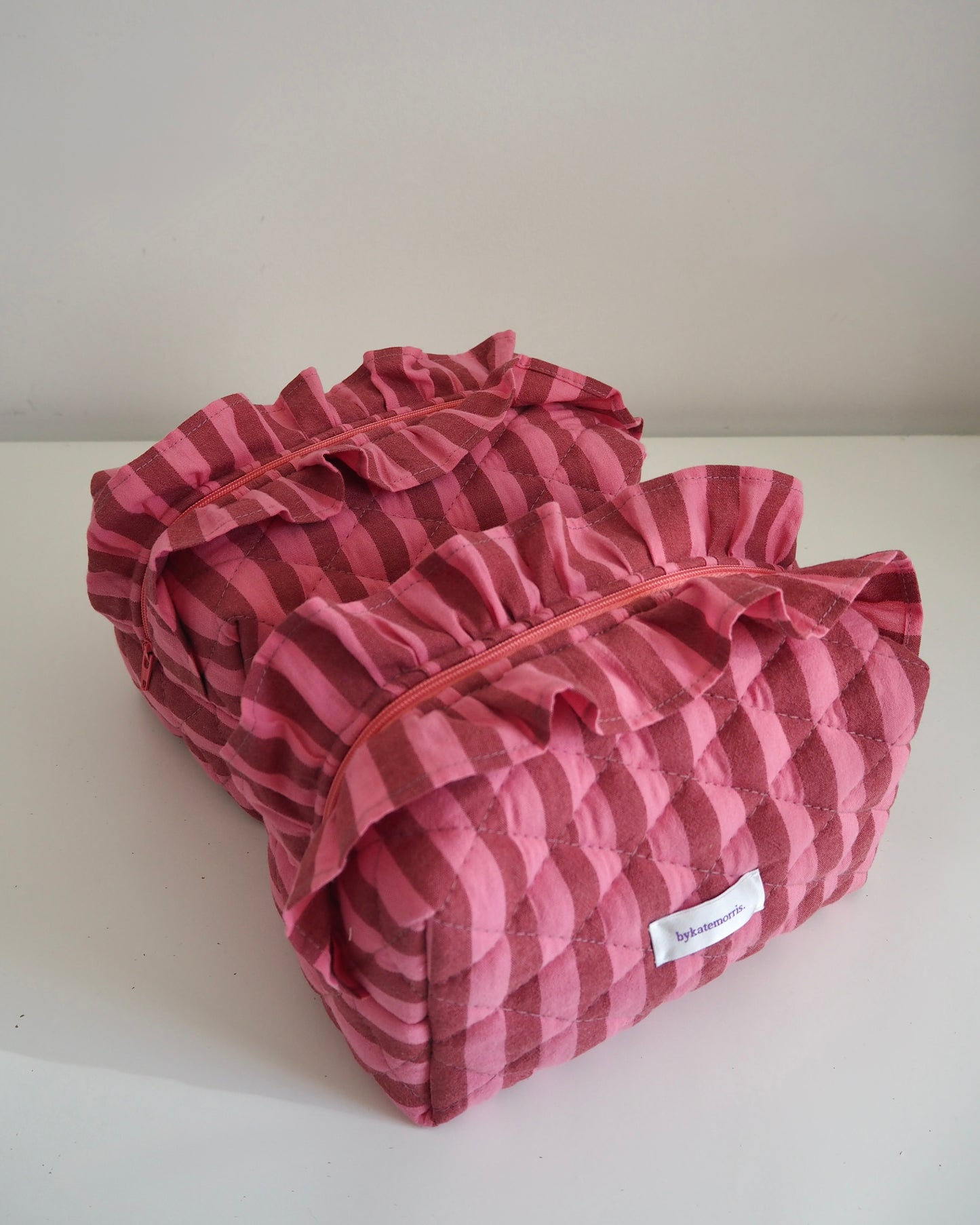 PINK & BROWN STRIPE FRILL QUILTED MAKEUP BAG
