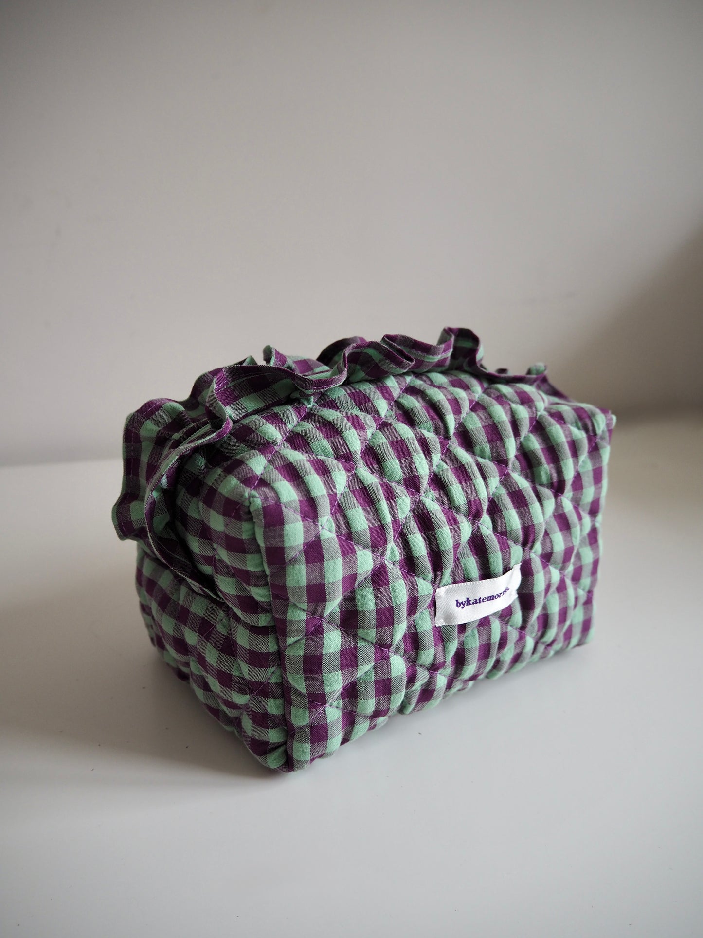 PURPLE & GREEN FRILL GINGHAM QUILTED MAKEUP BAG