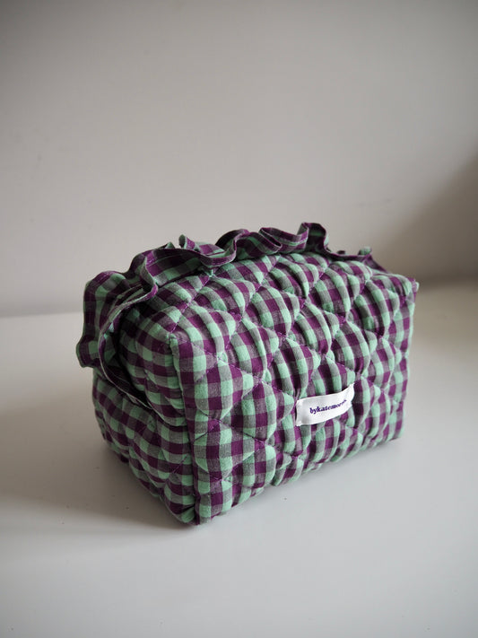 PURPLE & GREEN FRILL GINGHAM QUILTED MAKEUP BAG