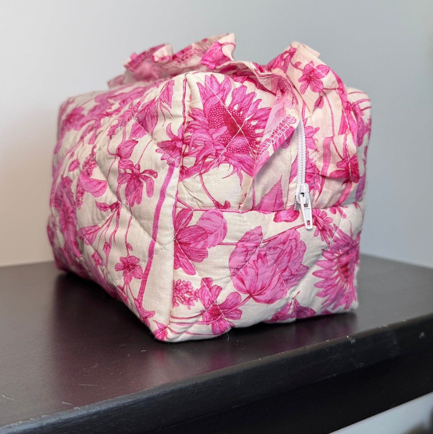 PINK FRILL FLORAL QUILTED MAKEUP BAG