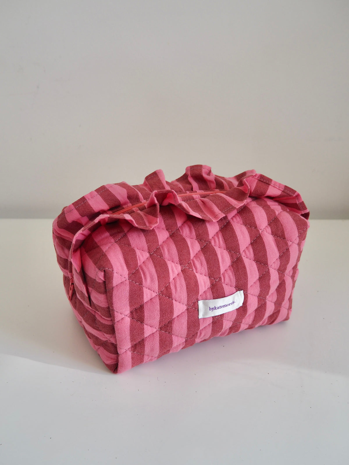 PINK & BROWN STRIPE FRILL QUILTED MAKEUP BAG