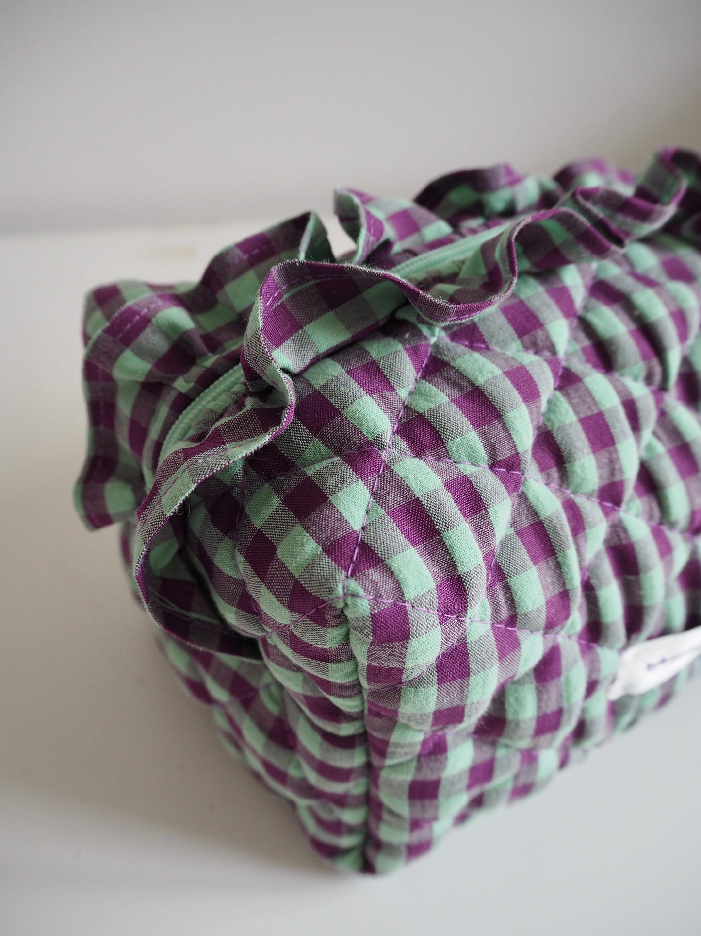 PURPLE & GREEN FRILL GINGHAM QUILTED MAKEUP BAG
