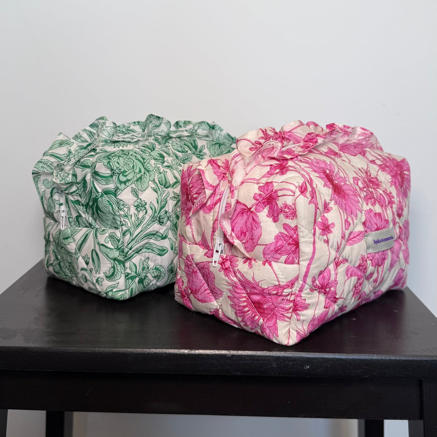 GREEN FRILL FLORAL QUILTED MAKEUP BAG